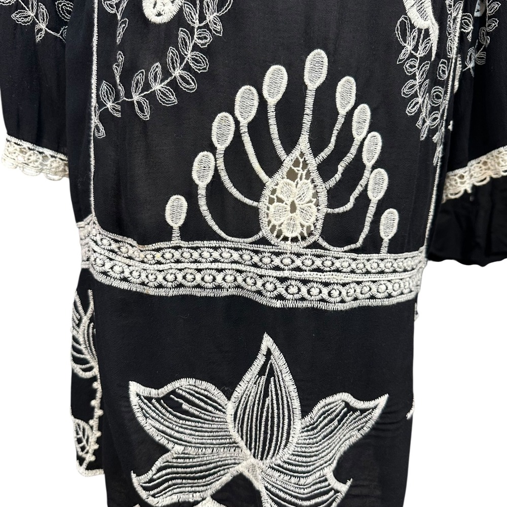Boho Embroidered Bird Heart Lace Trim V-Neck Tunic Dress Black White 3/4 Sleeve - Picture 7 of 8